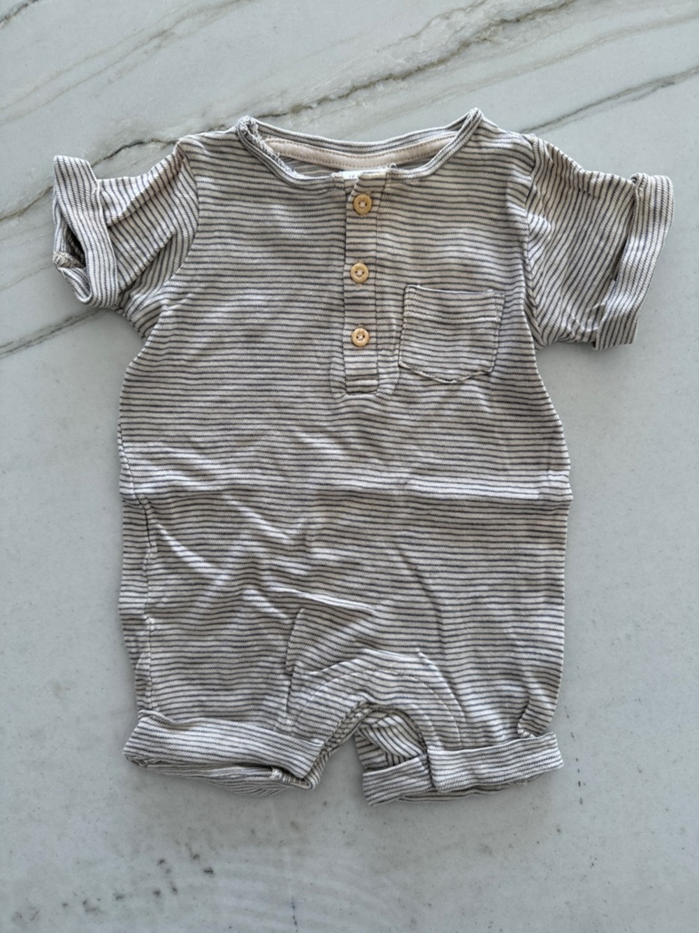 H&M Striped Short Sleeve Baby Romper in Dark Gray and Cream